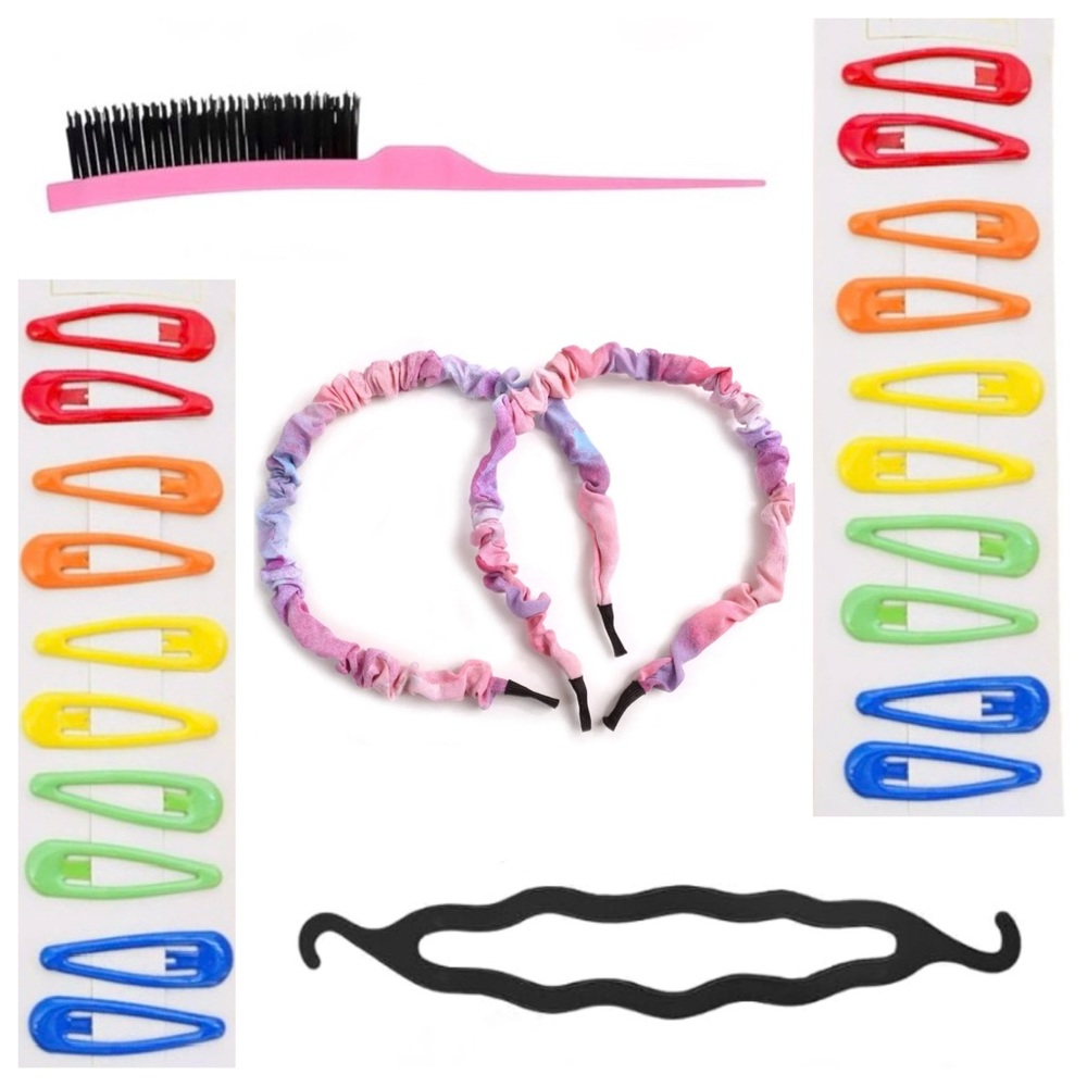 ✅ 5 for $25 - New Hair Bundle: 2 Packs Clips, 2 Headbands, Brush, Bun Maker